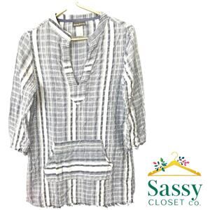 TOMMY BAHAMA Blue White Stripe Cotton Popover Tunic Small Resort EUC